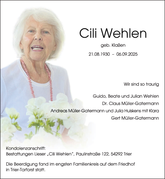 Traueranzeige von Cili Wehlen von trierischer_volksfreund