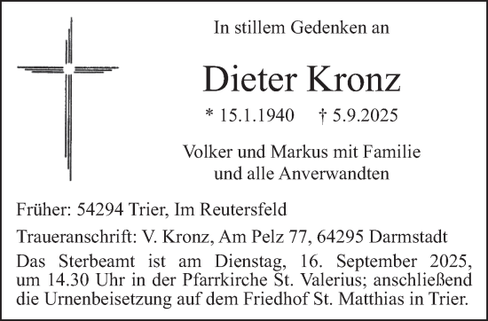 Traueranzeige von Dieter Kronz von trierischer_volksfreund