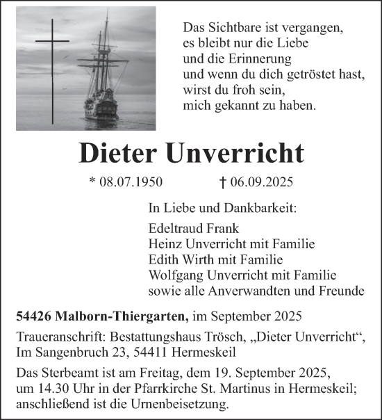 Traueranzeige von Dieter Unverricht von trierischer_volksfreund