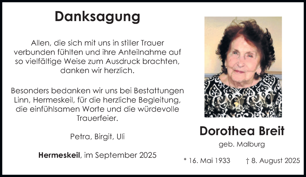  Traueranzeige für Dorothea Breit vom 17.09.2025 aus trierischer_volksfreund