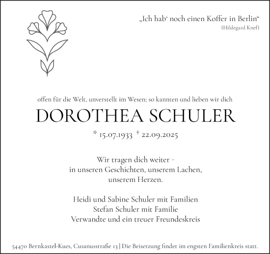 Traueranzeige von Dorothea Schuler von trierischer_volksfreund