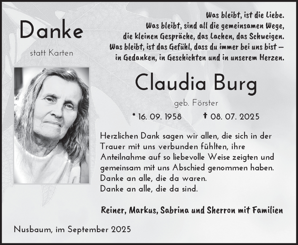  Traueranzeige für Claudia Burg vom 06.09.2025 aus trierischer_volksfreund
