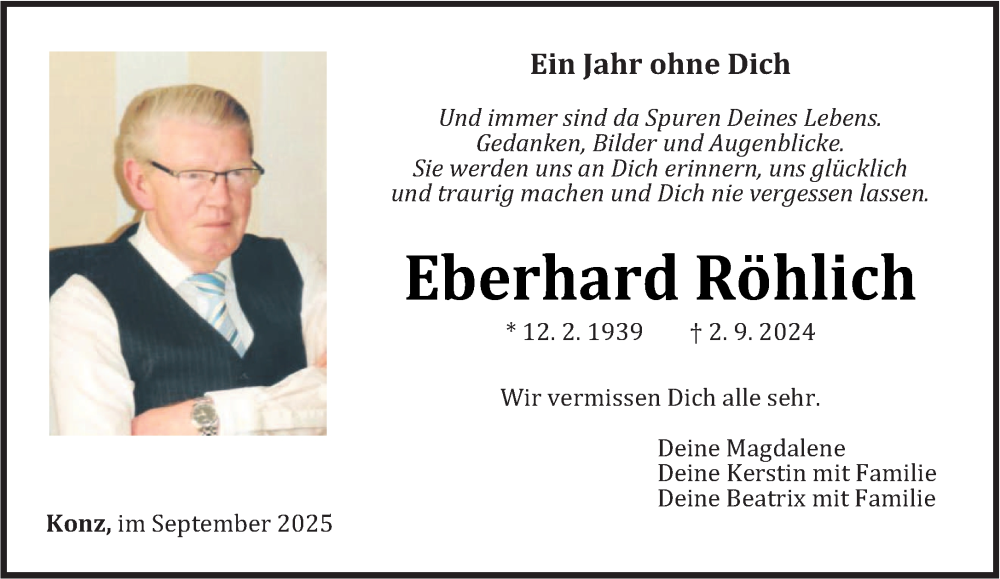  Traueranzeige für Eberhard Röhlich vom 06.09.2025 aus trierischer_volksfreund