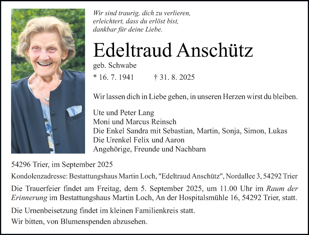  Traueranzeige für Edeltraud Anschütz vom 03.09.2025 aus trierischer_volksfreund