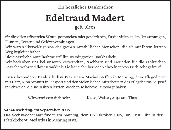 Traueranzeige von Edeltraud Madert von trierischer_volksfreund