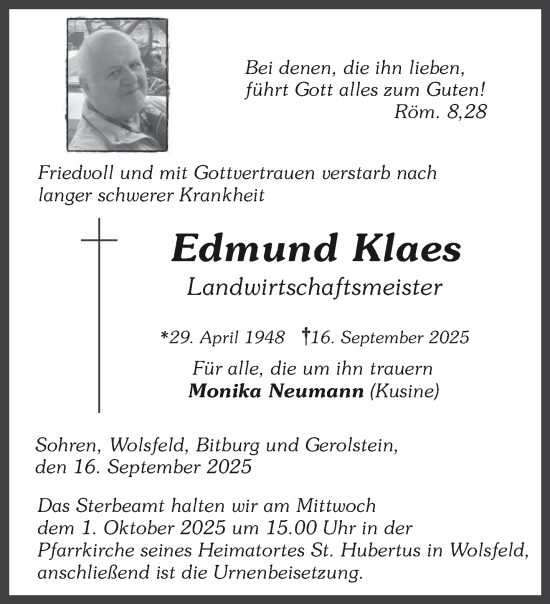 Traueranzeige von Edmund Klaes von trierischer_volksfreund
