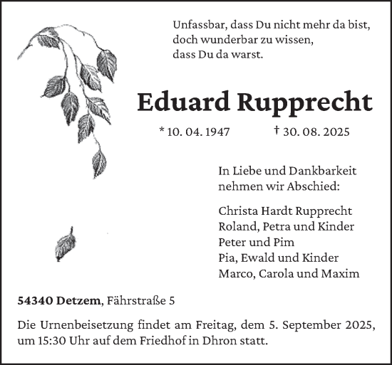 Traueranzeige von Eduard Rupprecht von trierischer_volksfreund