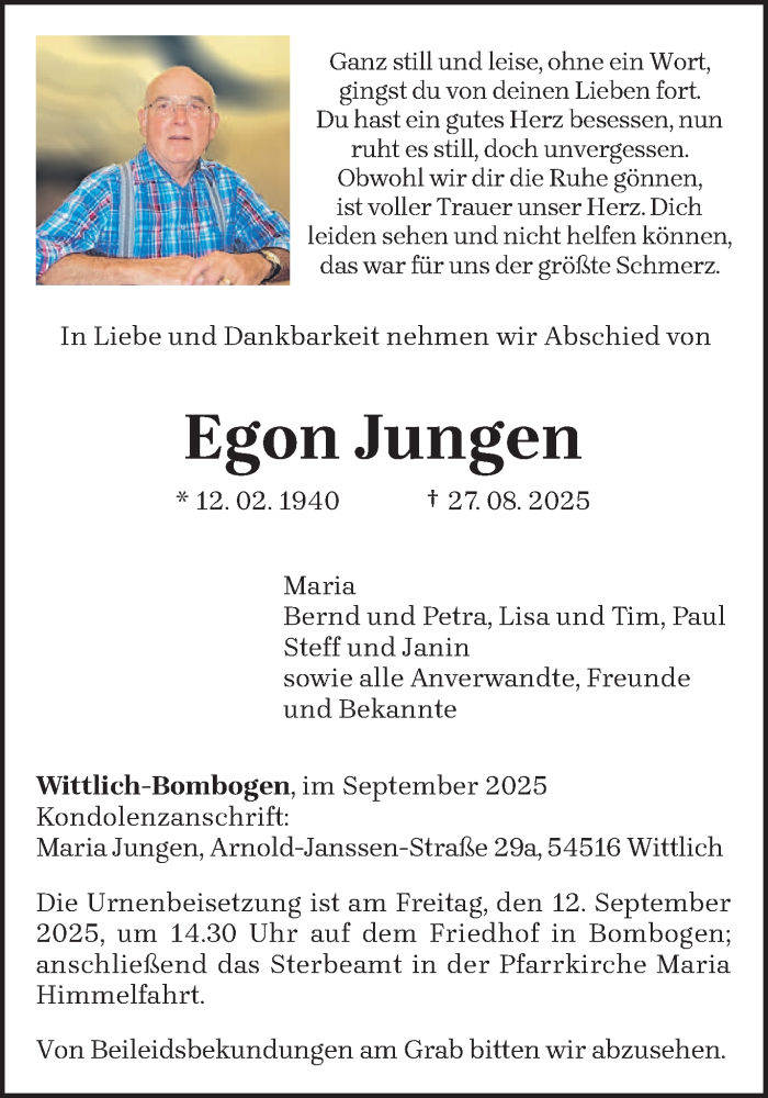  Traueranzeige für Egon Jungen vom 06.09.2025 aus trierischer_volksfreund