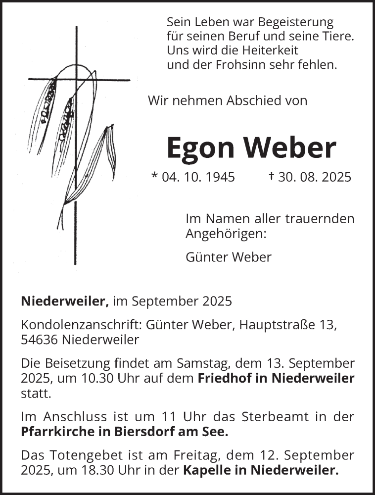  Traueranzeige für Egon Weber vom 06.09.2025 aus trierischer_volksfreund