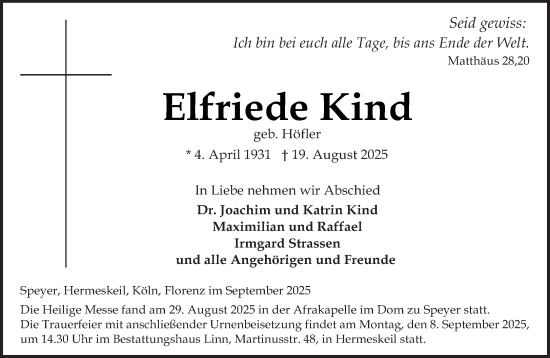 Traueranzeige von Elfriede Kind von trierischer_volksfreund