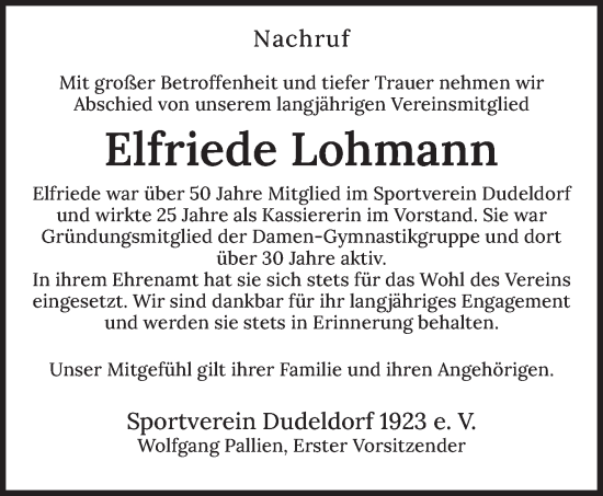 Traueranzeige von Elfriede Lohmann von trierischer_volksfreund