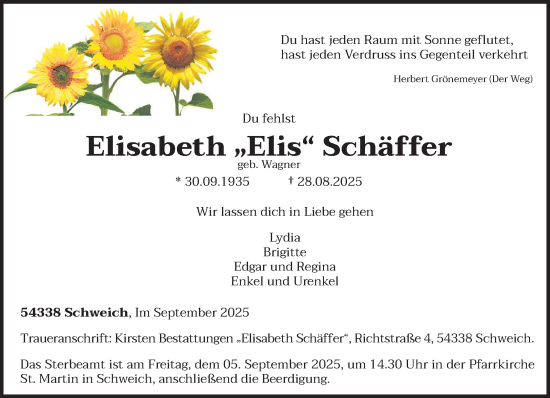 Traueranzeige von Elisabeth Schäffer von trierischer_volksfreund