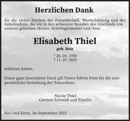 Traueranzeige von Elisabeth Thiel von trierischer_volksfreund