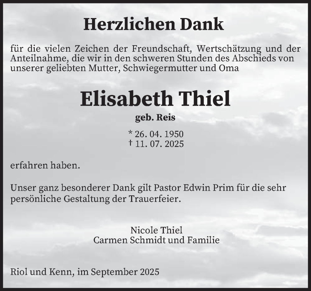  Traueranzeige für Elisabeth Thiel vom 06.09.2025 aus trierischer_volksfreund