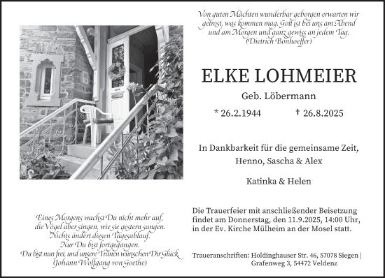 Traueranzeige von Elke Lohmeier von trierischer_volksfreund