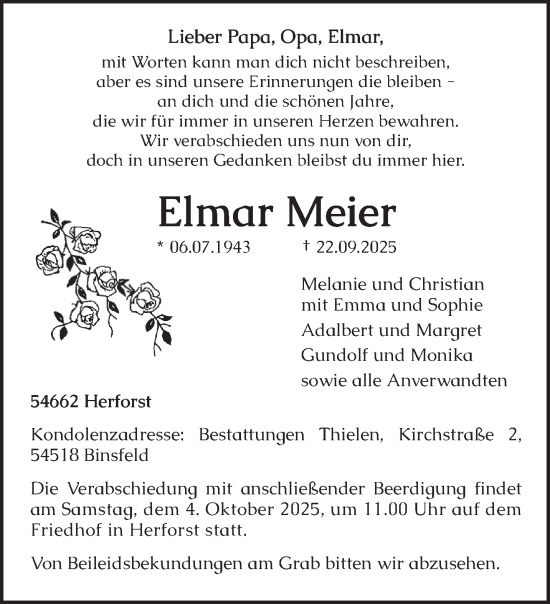 Traueranzeige von Elmar Meier von trierischer_volksfreund