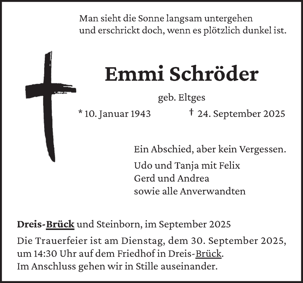  Traueranzeige für Emmi Schröder vom 27.09.2025 aus trierischer_volksfreund