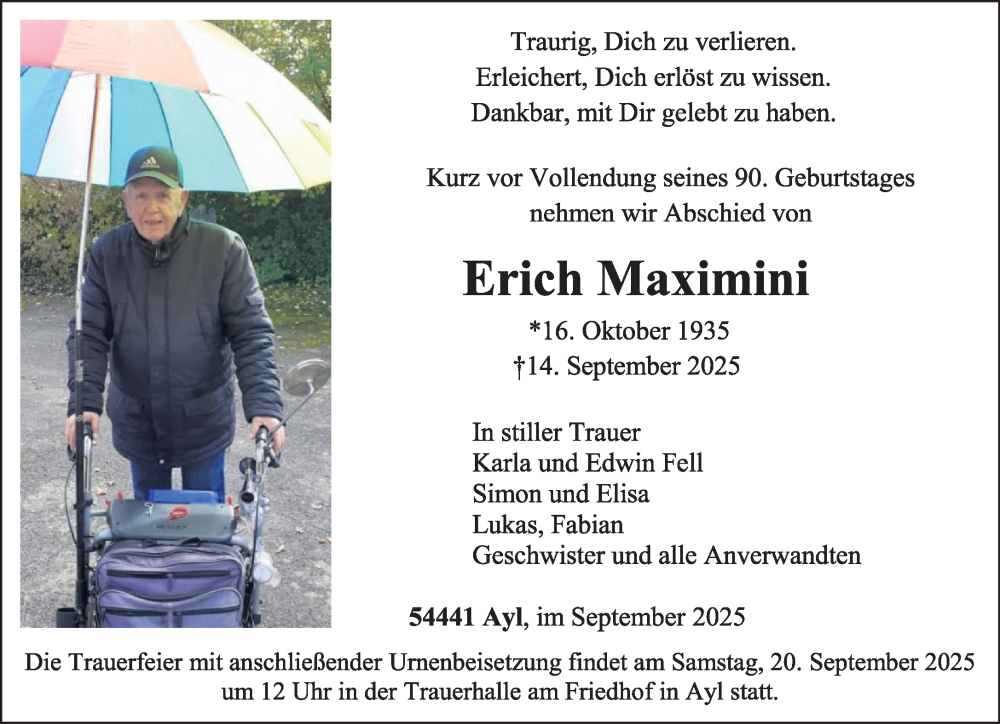  Traueranzeige für Erich Maximini vom 17.09.2025 aus trierischer_volksfreund