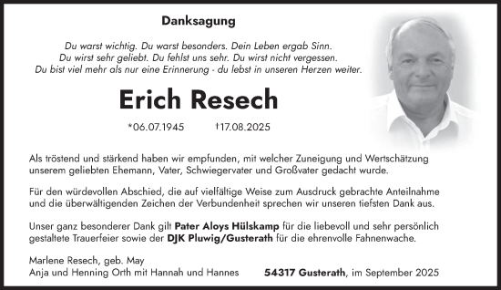 Traueranzeige von Erich Resech von trierischer_volksfreund