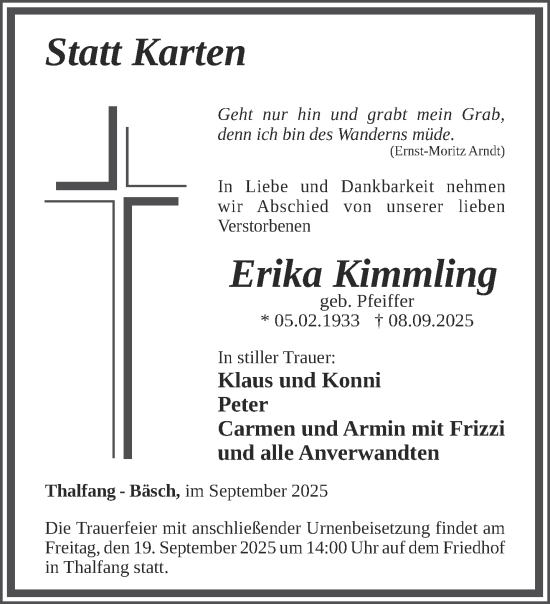 Traueranzeige von Erika Kimmling von trierischer_volksfreund