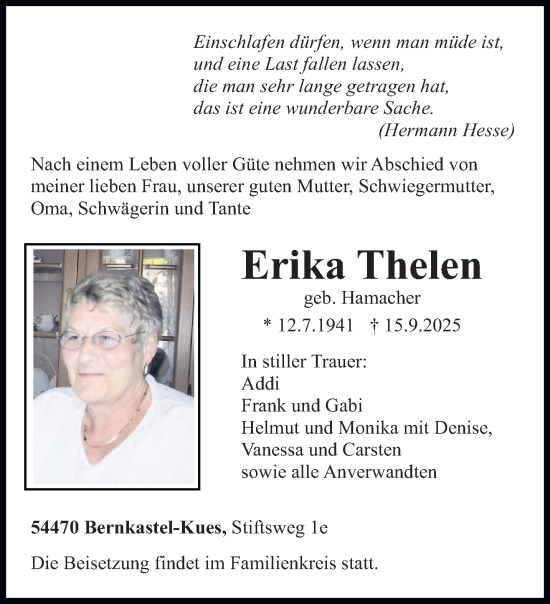 Traueranzeige von Erika Thelen von trierischer_volksfreund