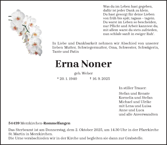 Traueranzeige von Erna Noner von trierischer_volksfreund