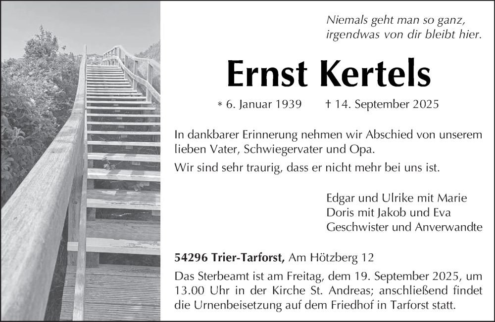  Traueranzeige für Ernst Kertels vom 17.09.2025 aus trierischer_volksfreund