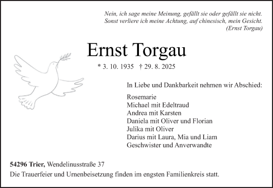 Traueranzeige von Ernst Torgau von trierischer_volksfreund