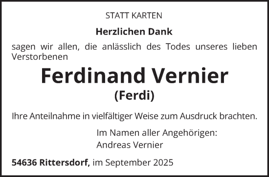 Traueranzeige von Ferdinand Vernier von trierischer_volksfreund