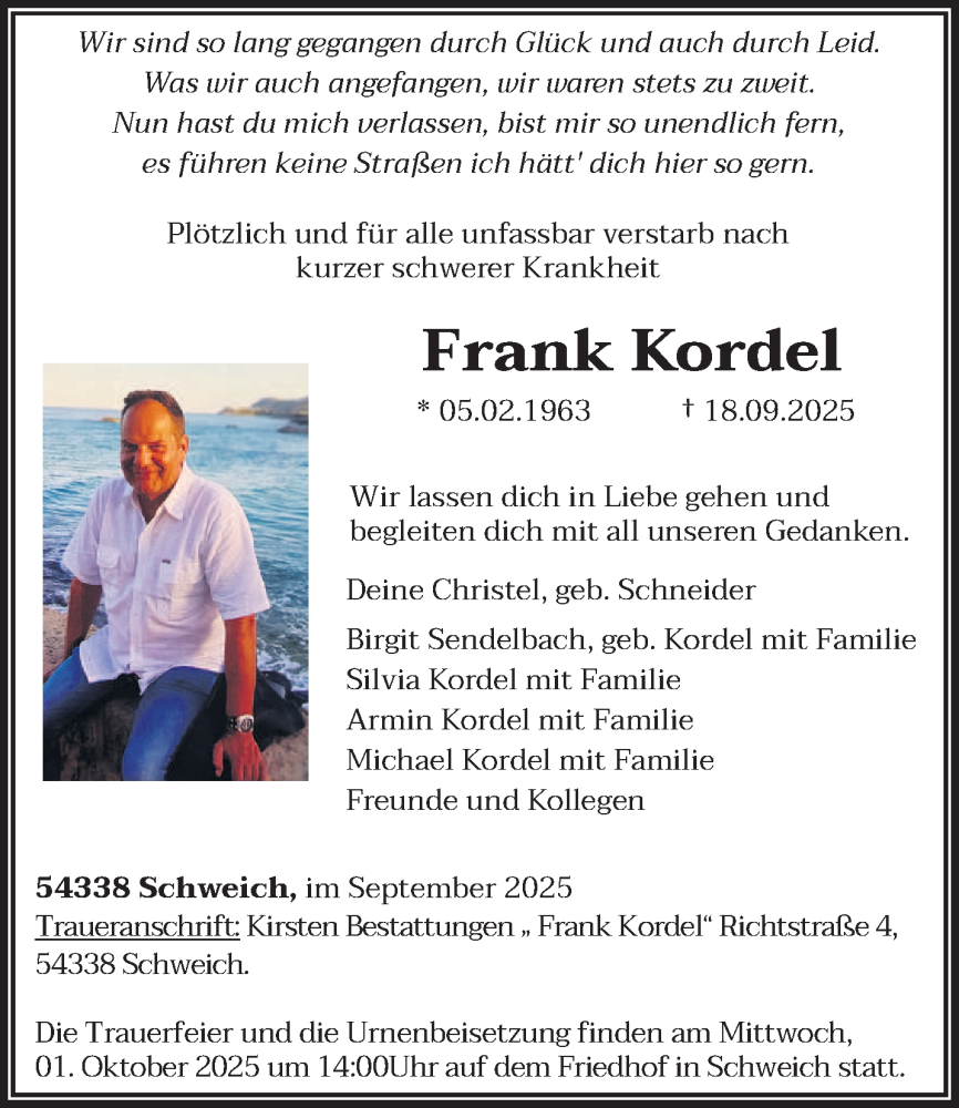  Traueranzeige für Frank Kordel vom 27.09.2025 aus trierischer_volksfreund