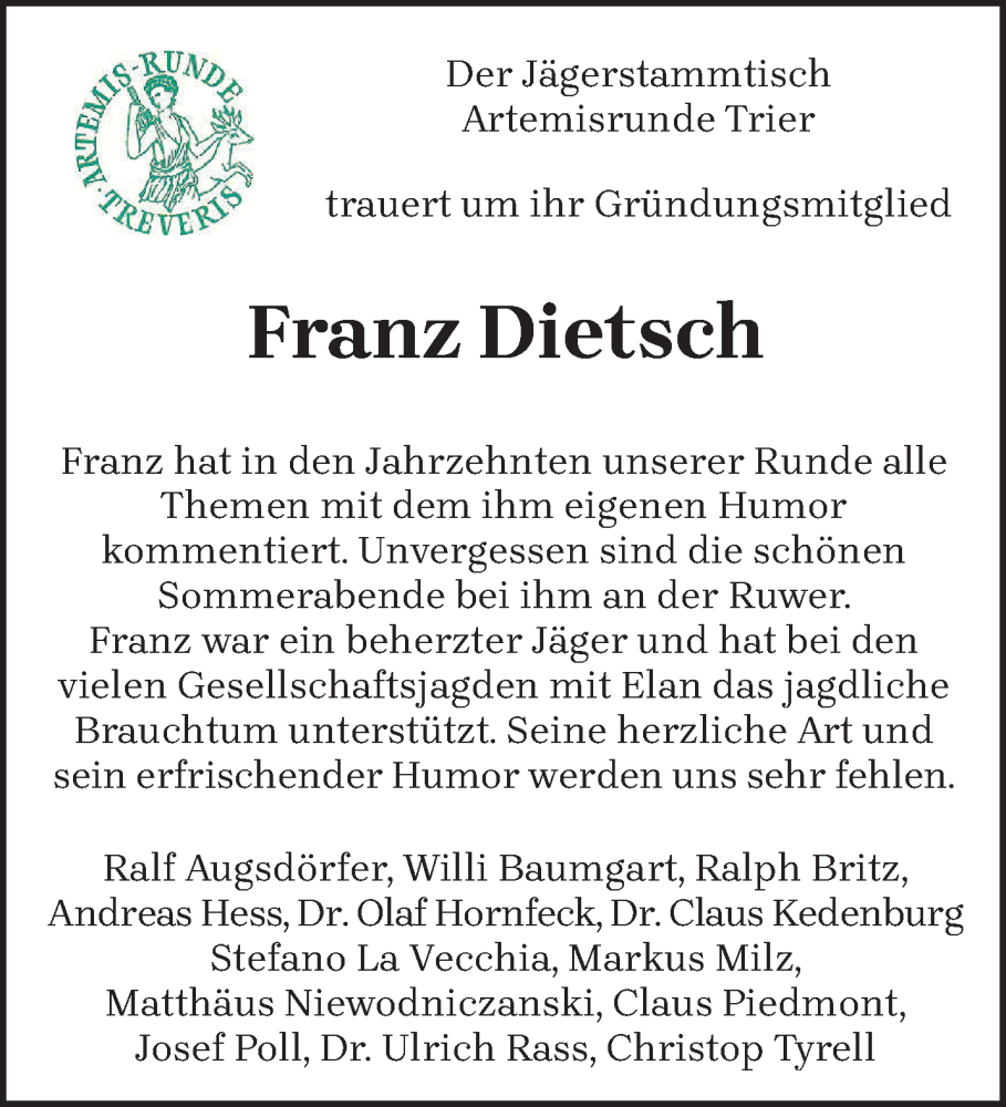  Traueranzeige für Franz Dietsch vom 13.09.2025 aus trierischer_volksfreund
