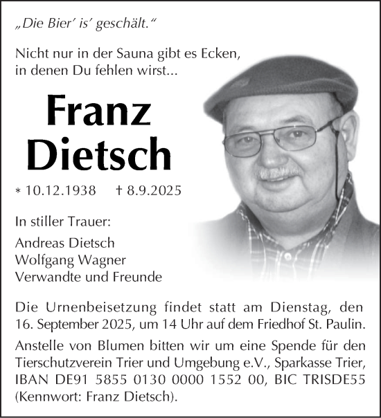 Traueranzeige von Franz Dietsch von trierischer_volksfreund