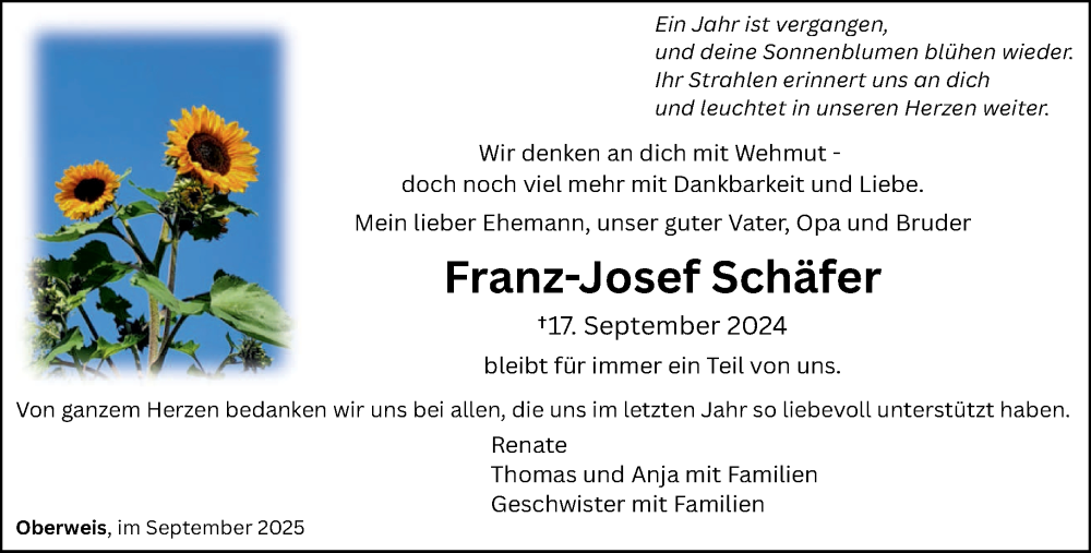 Traueranzeige für Franz-Josef Schäfer vom 20.09.2025 aus trierischer_volksfreund