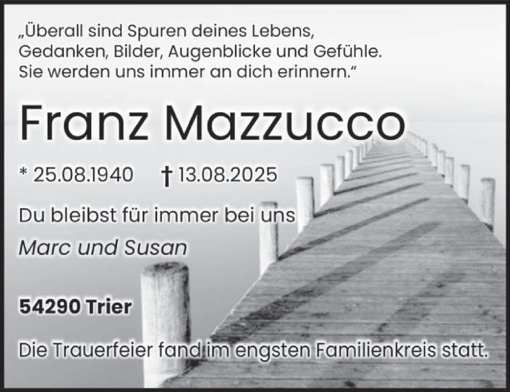  Traueranzeige für Franz Mazzucco vom 17.09.2025 aus trierischer_volksfreund