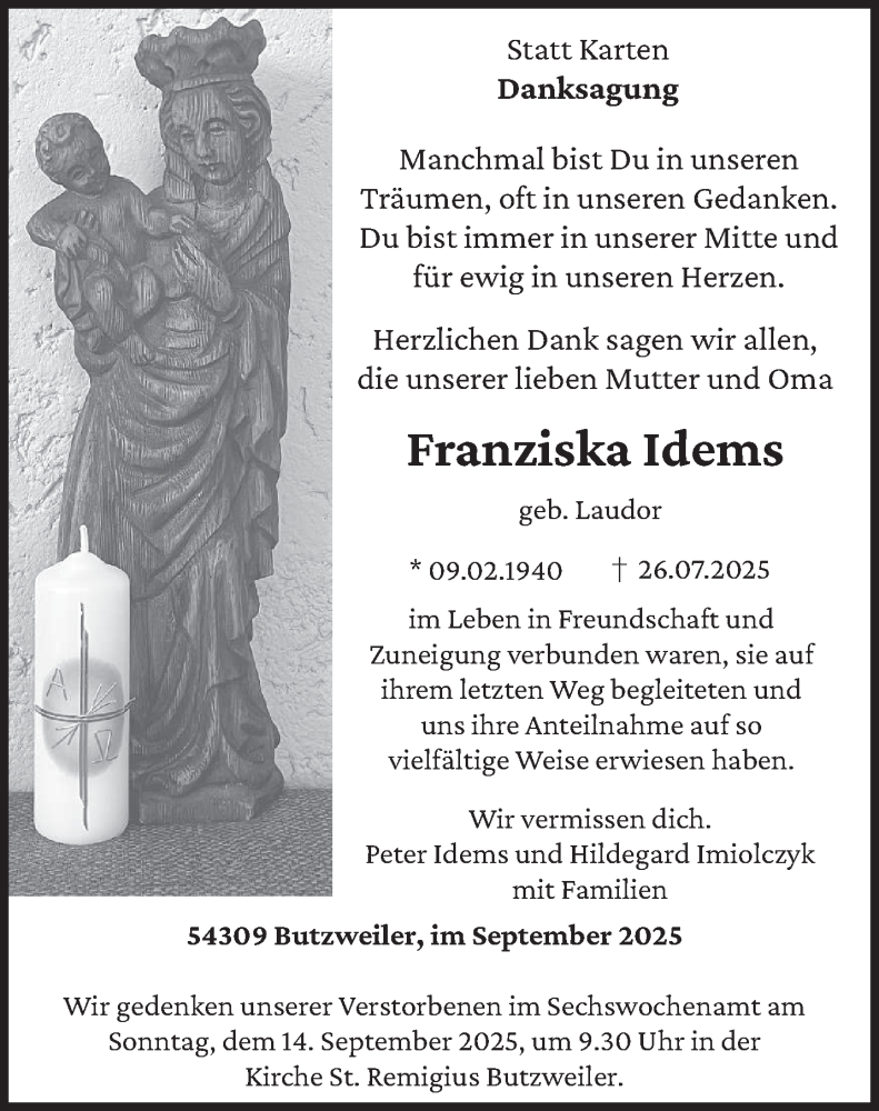 Traueranzeige für Franziska Idems vom 06.09.2025 aus trierischer_volksfreund