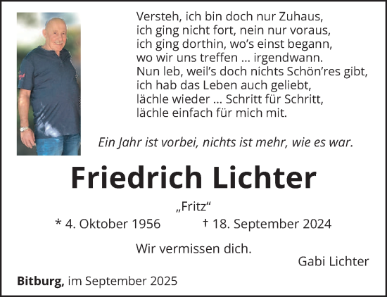 Traueranzeige von Friedrich Lichter von trierischer_volksfreund
