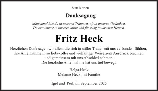 Traueranzeige von Fritz Heck von trierischer_volksfreund