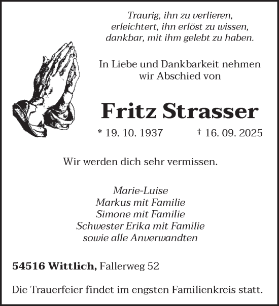 Traueranzeige von Fritz Strasser von trierischer_volksfreund