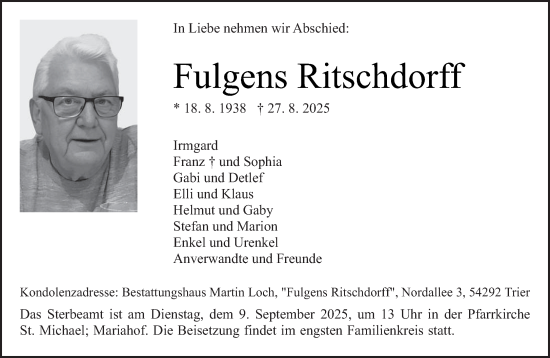 Traueranzeige von Fulgens Ritschdorff von trierischer_volksfreund