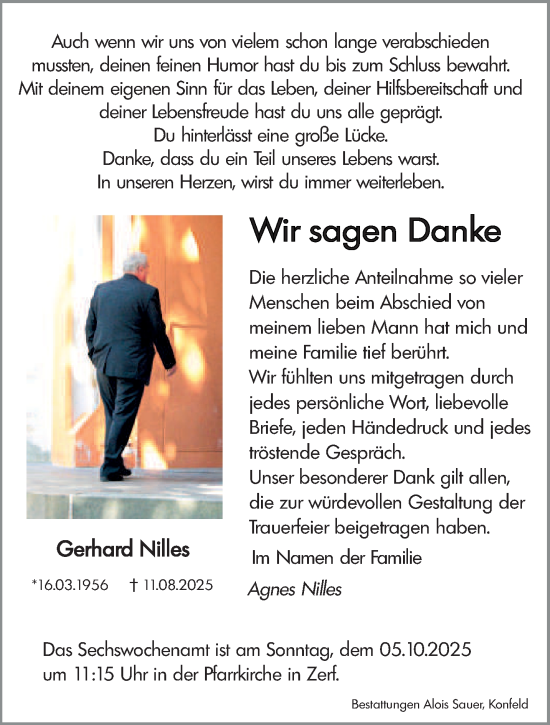Traueranzeige von Gerhard Nilles von trierischer_volksfreund