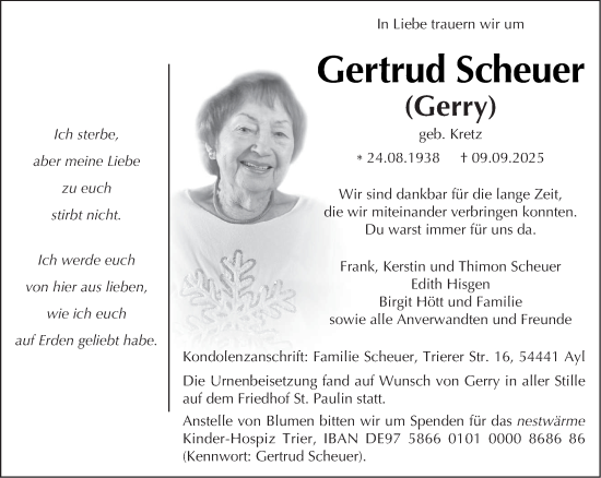 Traueranzeige von Gertrud Scheuer von trierischer_volksfreund