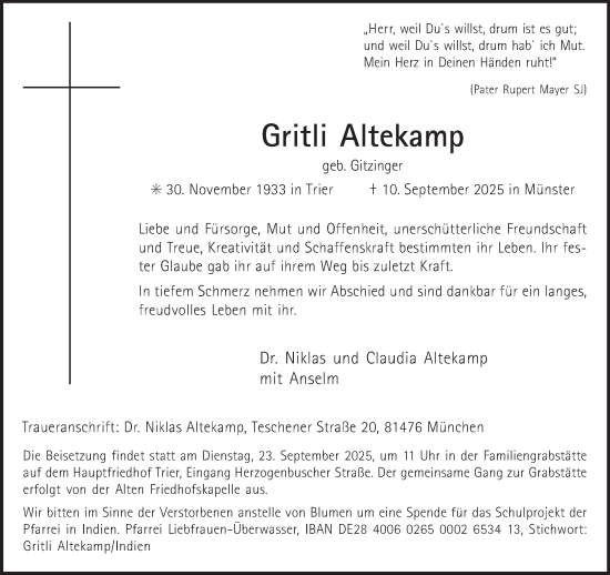 Traueranzeige von Gritli Altekamp von trierischer_volksfreund