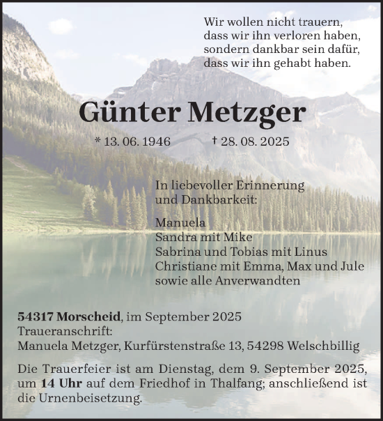 Traueranzeige von Günter Metzger von trierischer_volksfreund