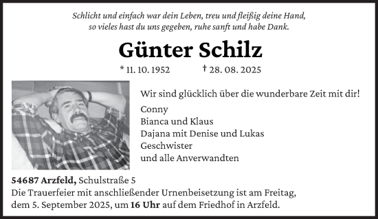 Traueranzeige von Günter Schilz von trierischer_volksfreund