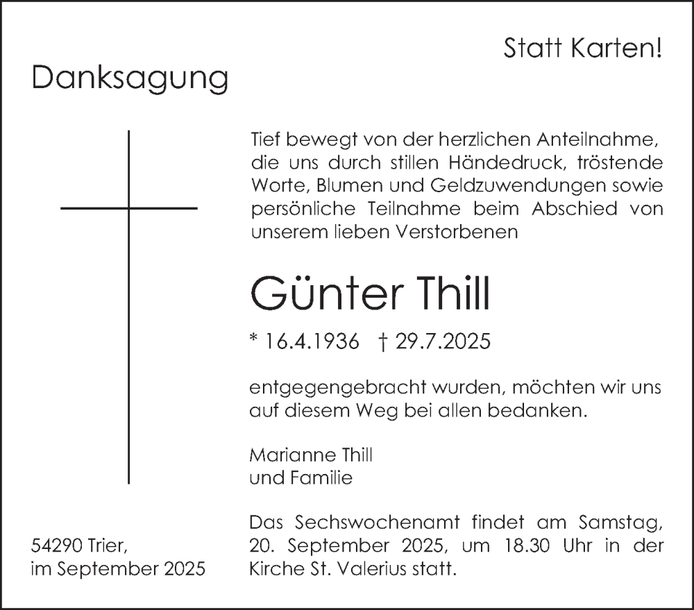  Traueranzeige für Günter Thill vom 12.09.2025 aus trierischer_volksfreund