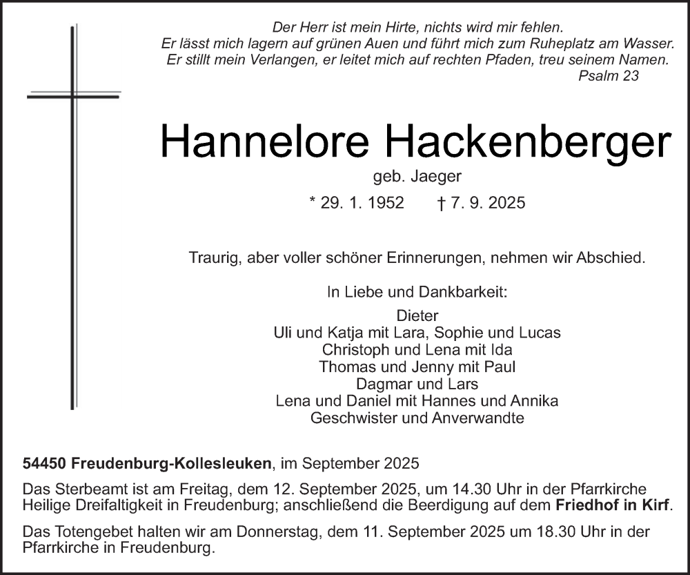  Traueranzeige für Hannelore Hackenberger vom 10.09.2025 aus trierischer_volksfreund