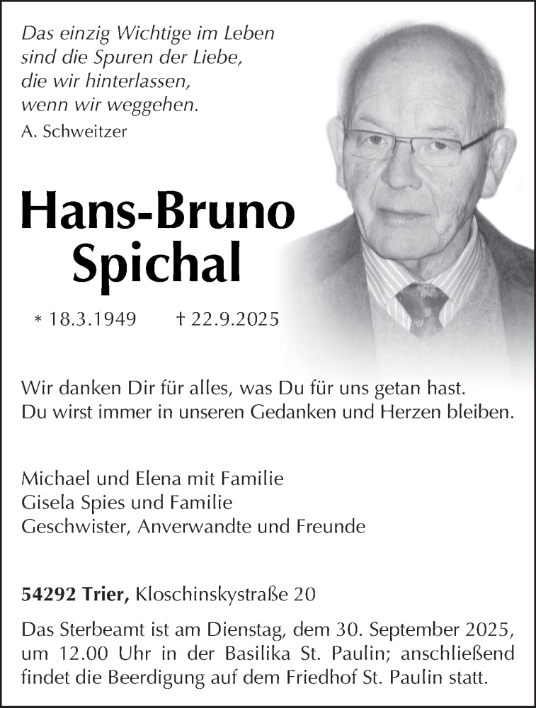  Traueranzeige für Hans-Bruno Spichal vom 27.09.2025 aus trierischer_volksfreund