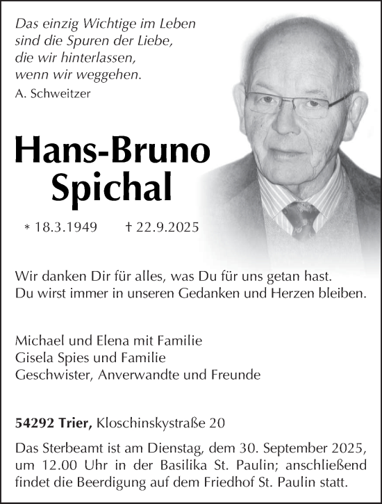 Traueranzeige von Hans-Bruno Spichal von trierischer_volksfreund