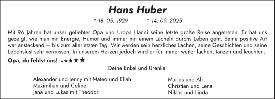Traueranzeige von Hans Huber von trierischer_volksfreund