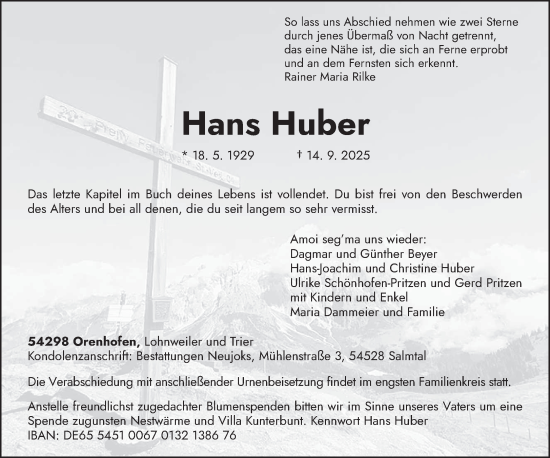 Traueranzeige von Hans Huber von trierischer_volksfreund